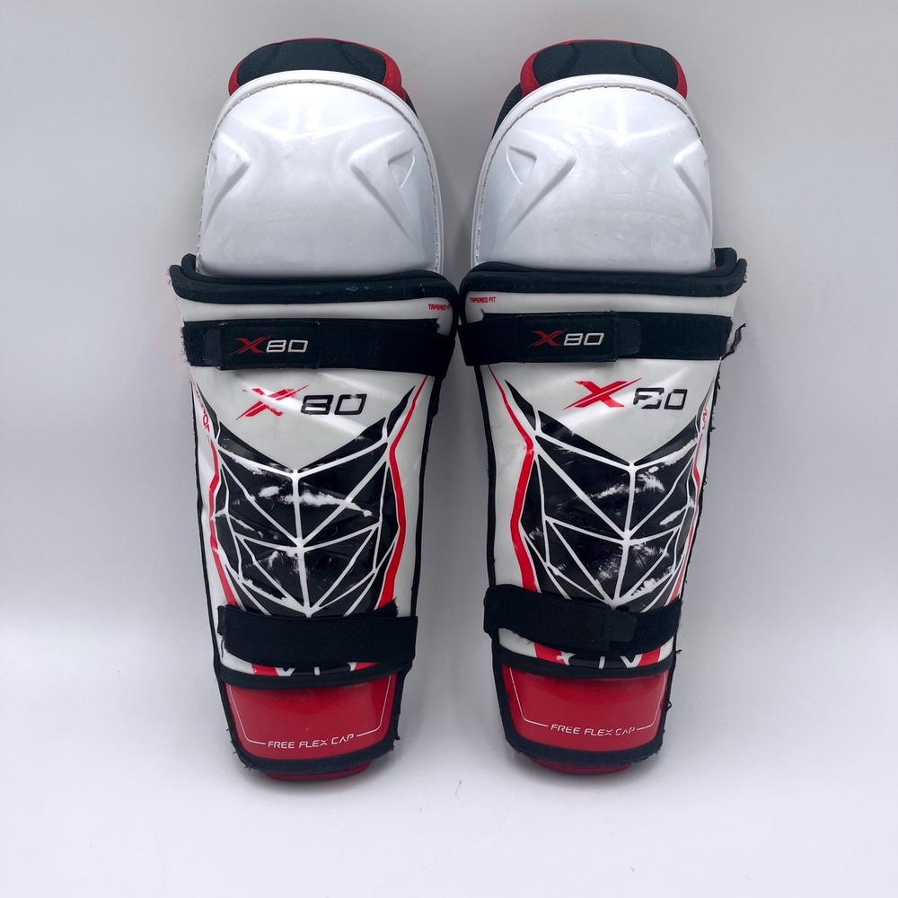 Bauer Vapor X80 Hockey Shin Guards 14 Inch Tapered Fit White Red Black Free Flex
